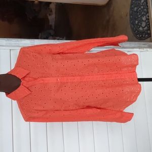 Chico's Orange Eyelet Lace Button Down Long Sleeve Shirt